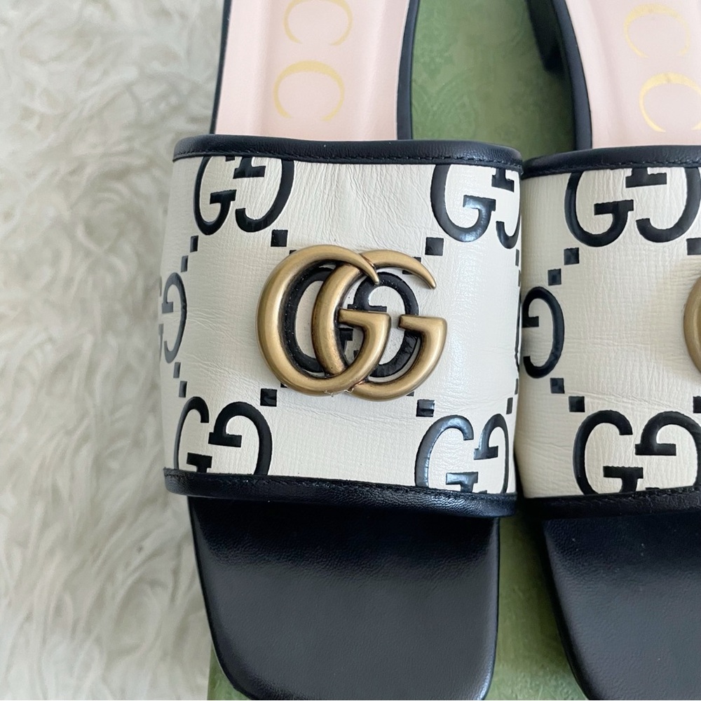 Gucci Jolie GG Marmont Slide Sandal Black White Leather size 39.5 - Picture 4 of 16